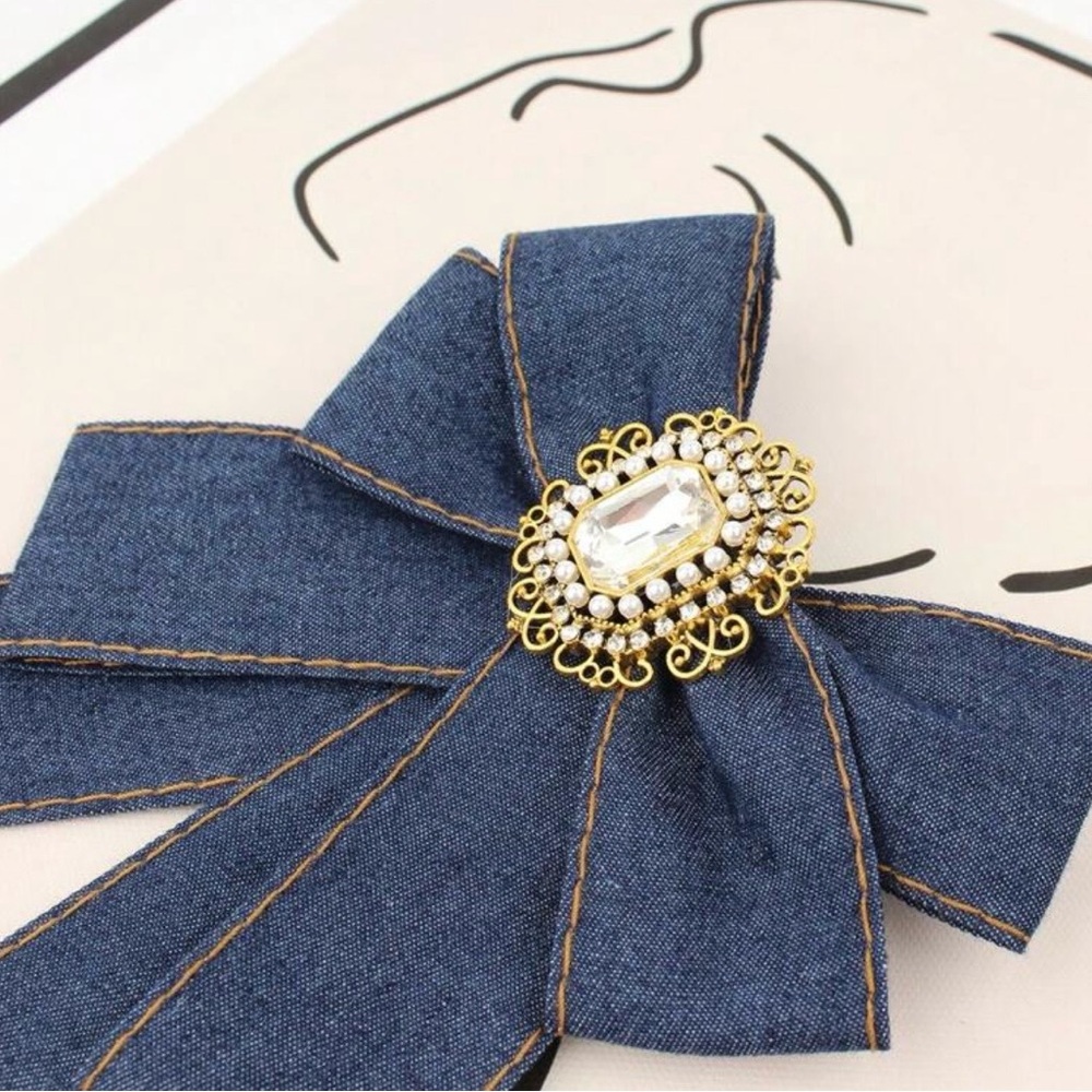 Elegant Blue Bow Brooch with Gold Accent - Picture 2 of 11